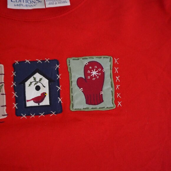 Vintage Basic Editions Red Holly Birdhouse Mitten Patchwork Holiday Sweatshirt X - Picture 8 of 10